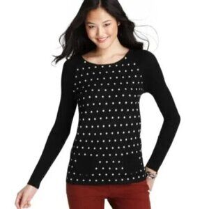 Loft Black Polka Dot Patch Pockets Sweater Long Sleeves/Zipper‎ Back Size S Top